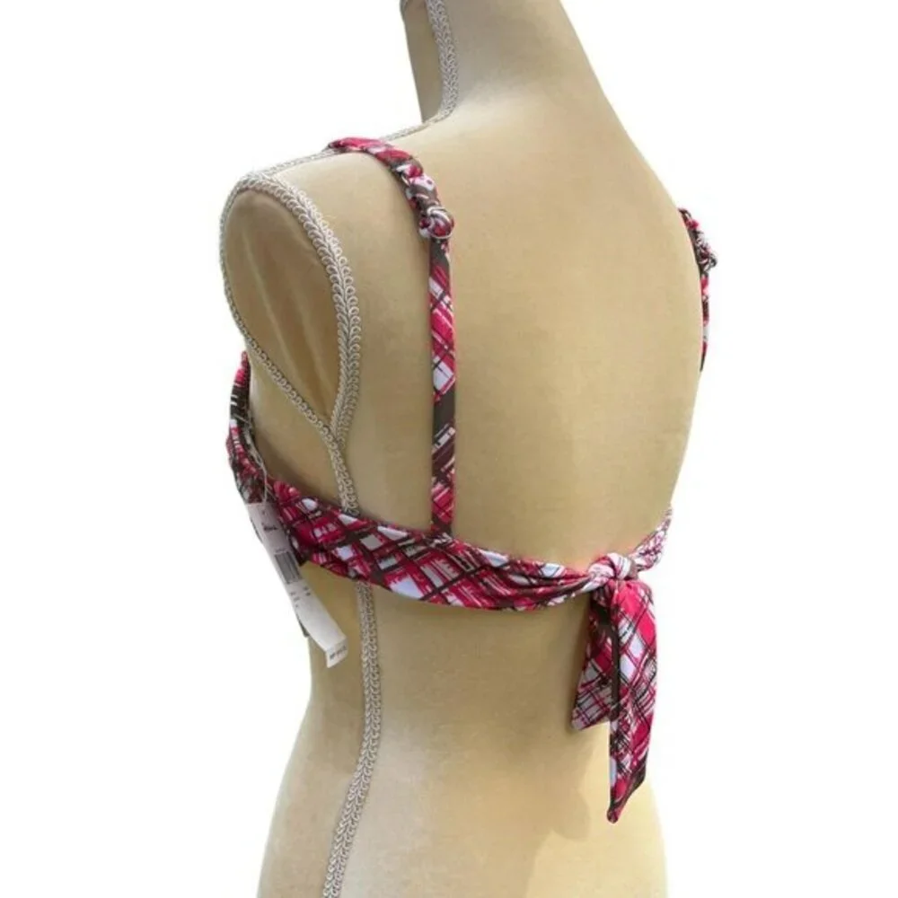 RAISINS Girl's Ruffle Swim Bikini Top Size M Plaid Pink,‎ Brown, White
